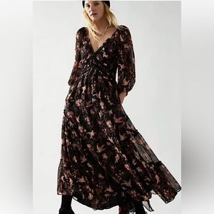 Free People You're A Jewel Maxi Dress Chiffon Black Rose Floral Bird